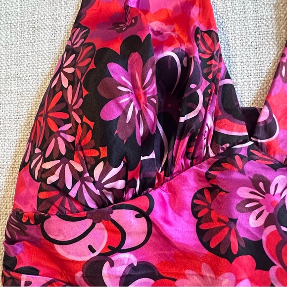 JS COLLECTIONS Pink Purple Floral Silk V-Neck Halter Top Ruched Blouse Women's 6 - Picture 3 of 16
